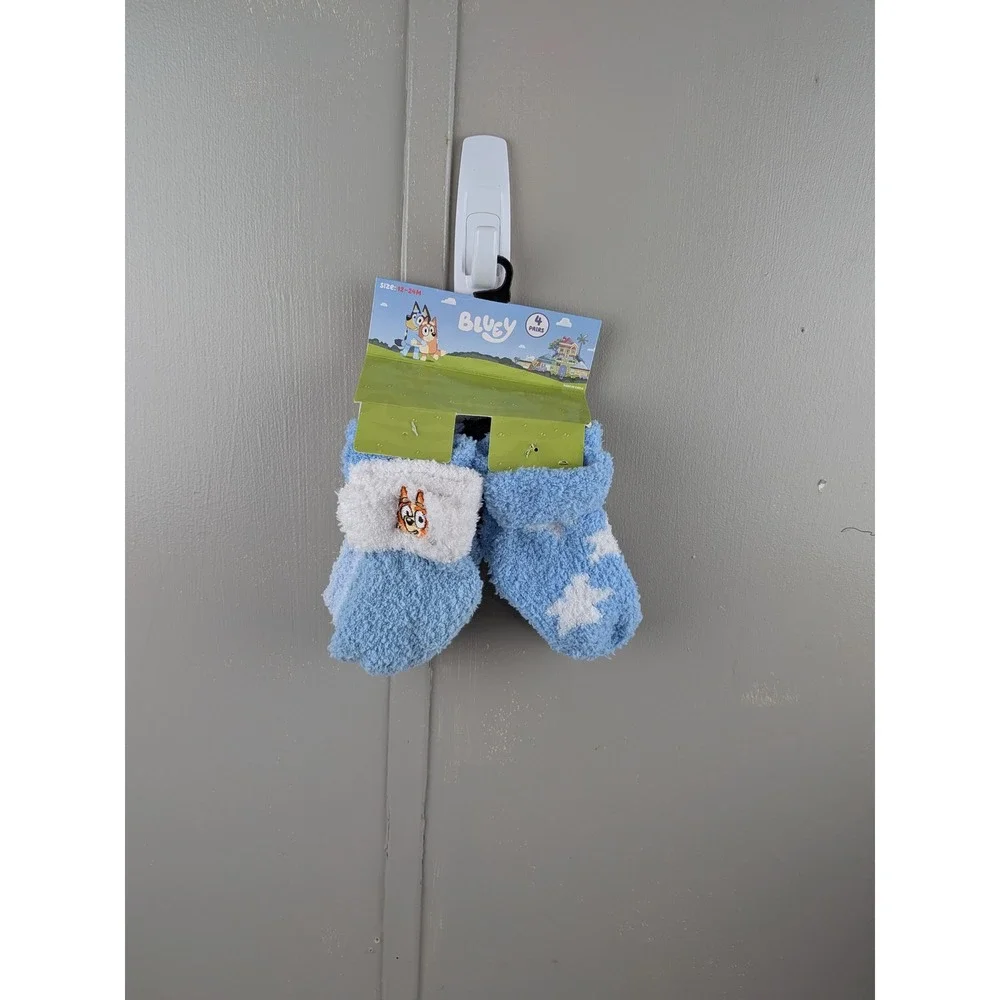Bluey Toddler Fuzzy Turn-Cuff Socks 4-Pack Blue White Stars Size 12-24M NEW